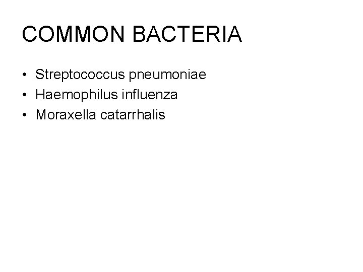 COMMON BACTERIA • Streptococcus pneumoniae • Haemophilus influenza • Moraxella catarrhalis 