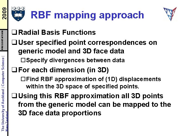 2009 PRESENTATION The University of Auckland | Computer Science | New Zealand RBF mapping