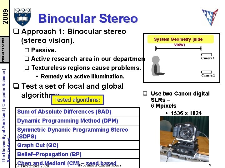 2009 PRESENTATION The University of Auckland | Computer Science | New Zealand Binocular Stereo