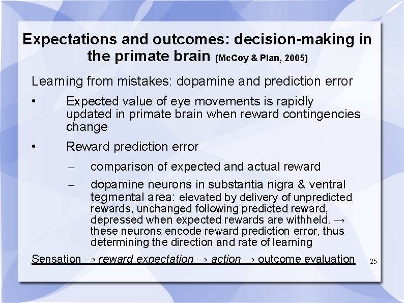 Expectations and outcomes: decision-making in the primate brain (Mc. Coy & Plan, 2005) Learning