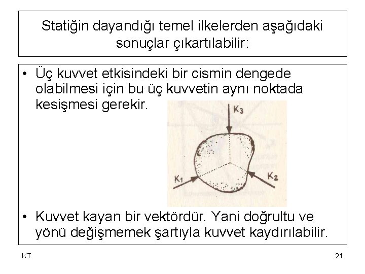Statiğin dayandığı temel ilkelerden aşağıdaki sonuçlar çıkartılabilir: • Üç kuvvet etkisindeki bir cismin dengede