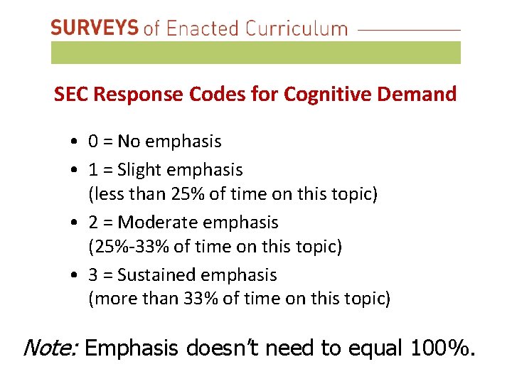 SEC Response Codes for Cognitive Demand • 0 = No emphasis • 1 =