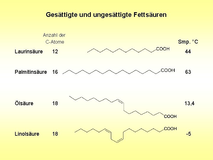 Gesättigte und ungesättigte Fettsäuren Anzahl der C-Atome Smp. °C 12 44 Palmitinsäure 16 63 Gesättigte und ungesättigte Fettsäuren Anzahl der C-Atome Smp. °C 12 44 Palmitinsäure 16 63