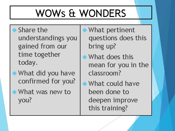 WOWs & WONDERS Share the What pertinent understandings you questions does this gained from