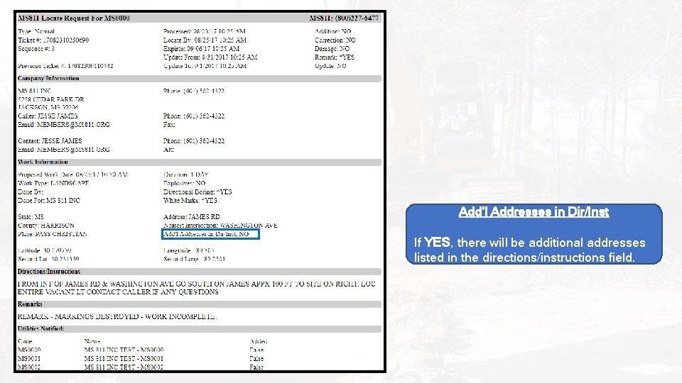 Add’l Addresses in Dir/Inst If YES, there will be additional addresses listed in the