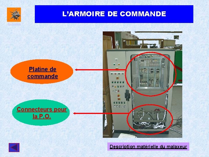 L’ARMOIRE DE COMMANDE ACCUEIL Platine de commande Connecteurs pour la P. O. Description matérielle L’ARMOIRE DE COMMANDE ACCUEIL Platine de commande Connecteurs pour la P. O. Description matérielle