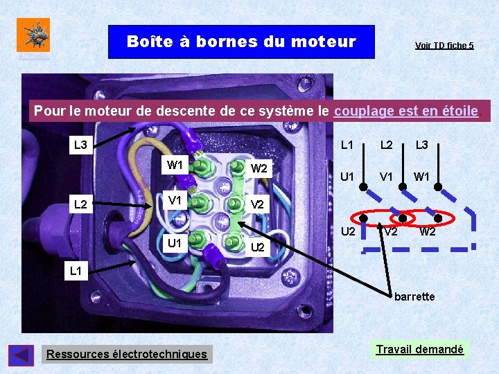 Boîte à bornes du moteur Voir TD fiche 5 ACCUEIL Pour le moteur de