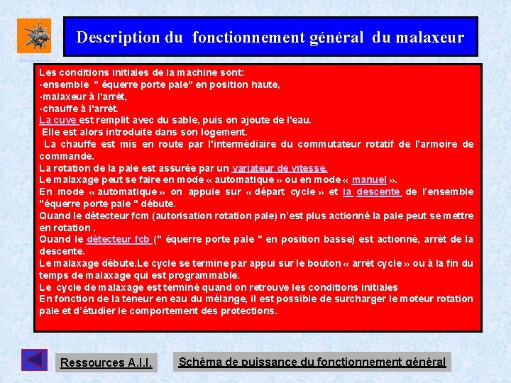 Description du fonctionnement général du malaxeur ACCUEIL Les conditions initiales de la machine sont: