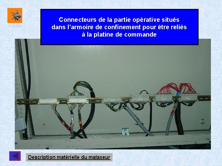 ACCUEIL Connecteurs de la partie opérative situés dans l’armoire de confinement pour être reliés ACCUEIL Connecteurs de la partie opérative situés dans l’armoire de confinement pour être reliés