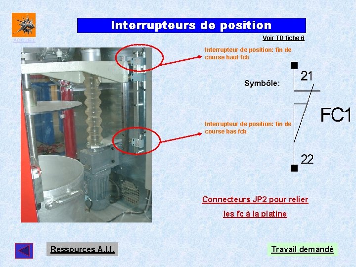 Interrupteurs de position Voir TD fiche 6 ACCUEIL Interrupteur de position: fin de course Interrupteurs de position Voir TD fiche 6 ACCUEIL Interrupteur de position: fin de course