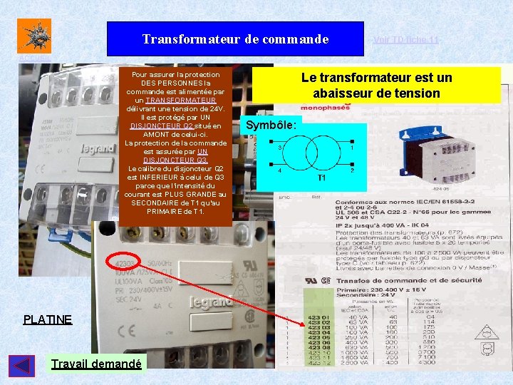 Transformateur de commande Voir TD fiche 11 ACCUEIL Pour assurer la protection DES PERSONNES