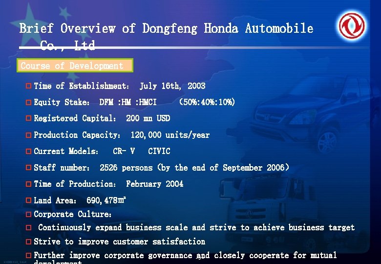 Brief Overview of Dongfeng Honda Automobile Co. , Ltd Course of Development p Time