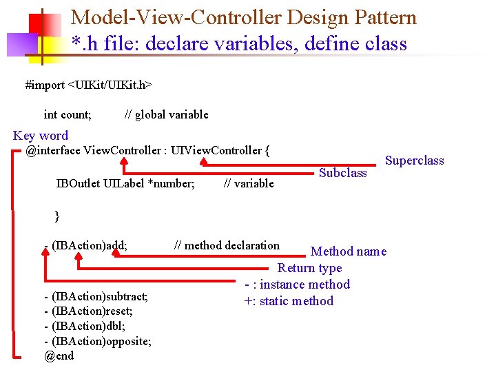 Model-View-Controller Design Pattern *. h file: declare variables, define class #import <UIKit/UIKit. h> int