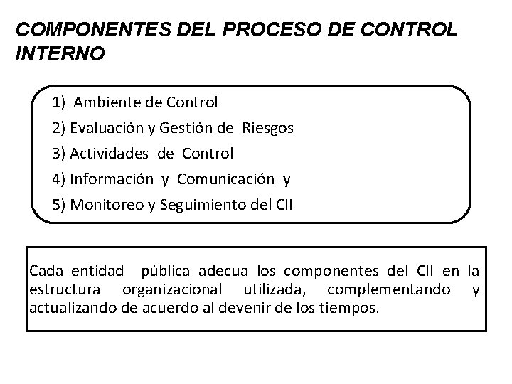 COMPONENTES DEL PROCESO DE CONTROL INTERNO 1) Ambiente de Control 2) Evaluación y Gestión