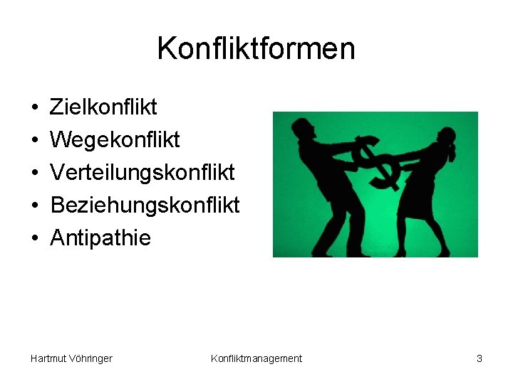Konfliktformen • • • Zielkonflikt Wegekonflikt Verteilungskonflikt Beziehungskonflikt Antipathie Hartmut Vöhringer Konfliktmanagement 3 