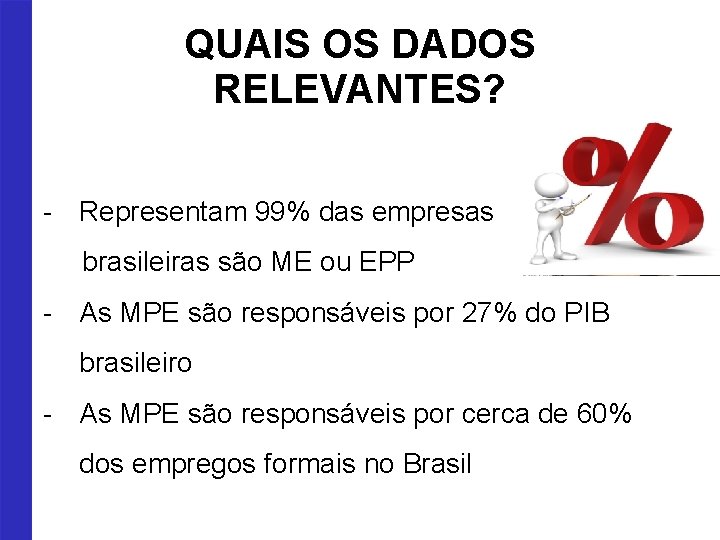 QUAIS OS DADOS RELEVANTES? - Representam 99% das empresas brasileiras são ME ou EPP