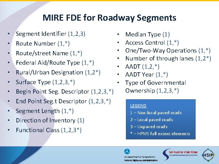 MIRE FDE for Roadway Segments • • • Segment Identifier (1, 2, 3) Route