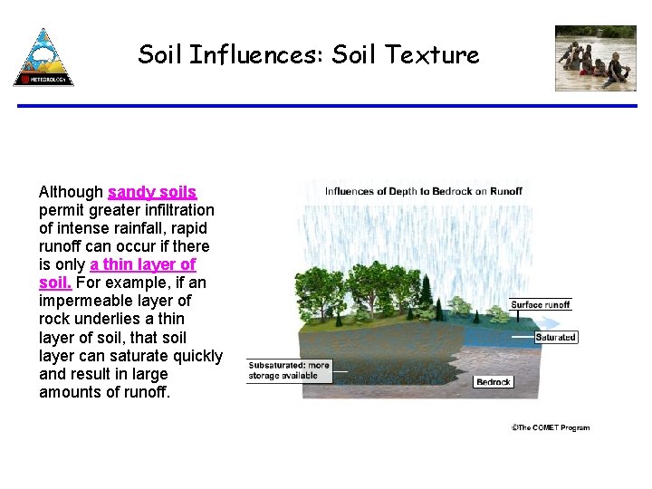 Soil Influences: Soil Texture Although sandy soils permit greater infiltration of intense rainfall, rapid