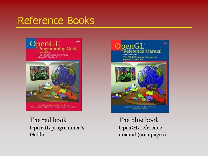 Reference Books The red book The blue book Open. GL programmer’s Guide Open. GL