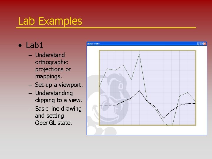 Lab Examples • Lab 1 – Understand orthographic projections or mappings. – Set-up a
