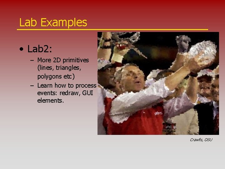 Lab Examples • Lab 2: – More 2 D primitives (lines, triangles, polygons etc)