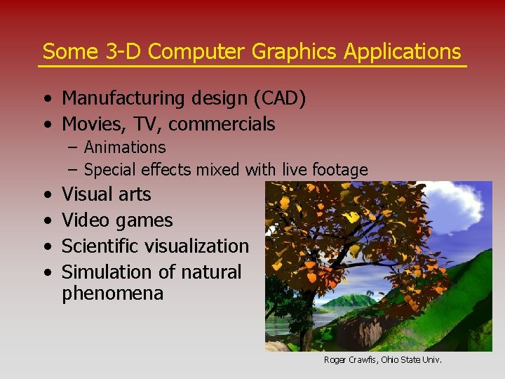 Some 3 -D Computer Graphics Applications • Manufacturing design (CAD) • Movies, TV, commercials