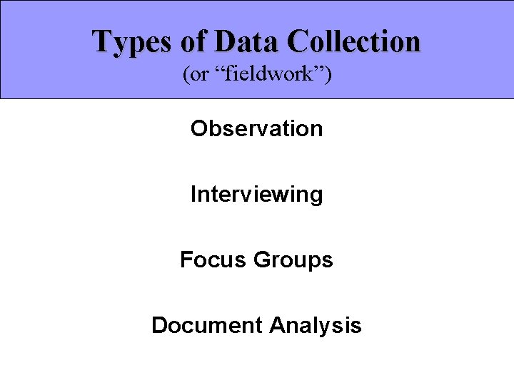 Types of Data Collection (or “fieldwork”) Observation Interviewing Focus Groups Document Analysis 