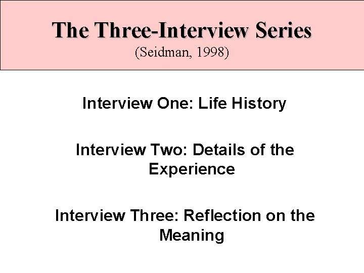 The Three-Interview Series (Seidman, 1998) Interview One: Life History Interview Two: Details of the