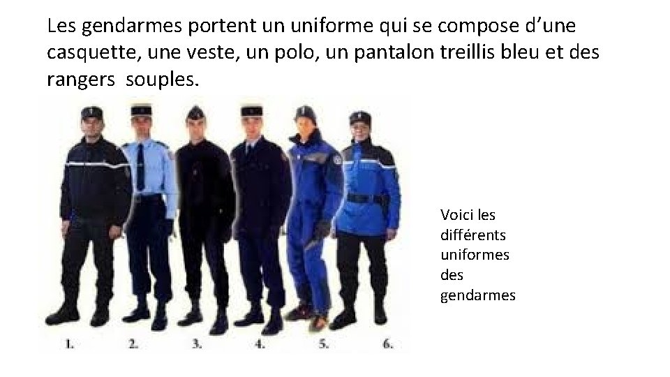 Les gendarmes portent un uniforme qui se compose d’une casquette, une veste, un polo,