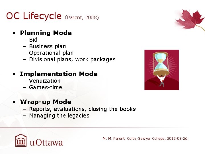 OC Lifecycle (Parent, 2008) • Planning Mode – – Bid Business plan Operational plan