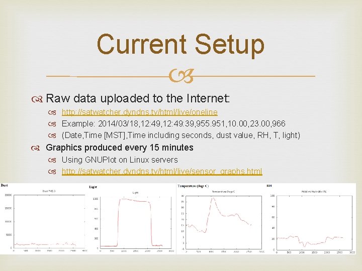 Current Setup Raw data uploaded to the Internet: http: //satwatcher. dyndns. tv/html/live/oneline Example: 2014/03/18,