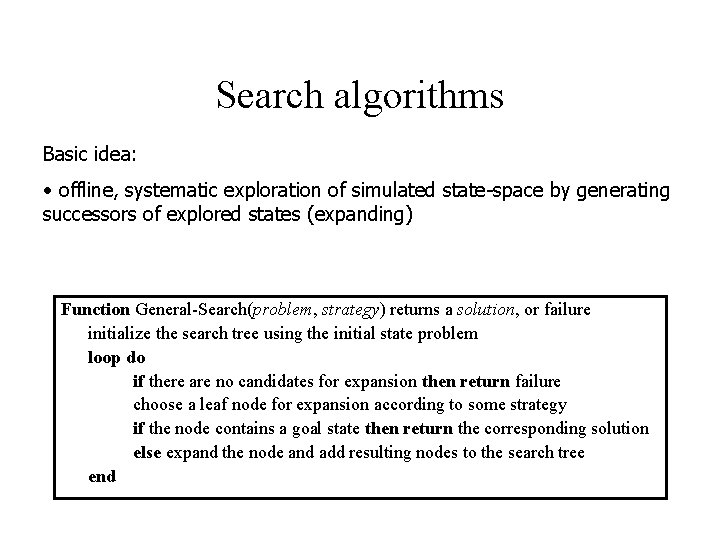 Search algorithms Basic idea: • offline, systematic exploration of simulated state-space by generating successors