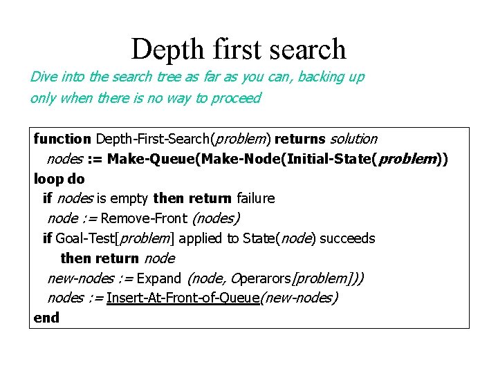 Depth first search Dive into the search tree as far as you can, backing