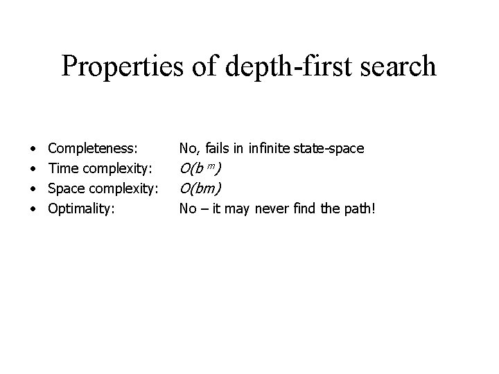 Properties of depth-first search • • Completeness: Time complexity: Space complexity: Optimality: No, fails