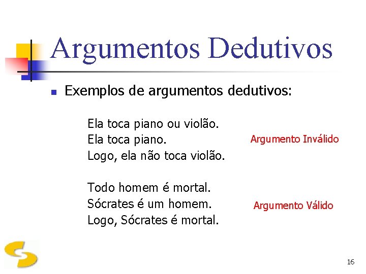 Argumentos Dedutivos n Exemplos de argumentos dedutivos: Ela toca piano ou violão. Ela toca