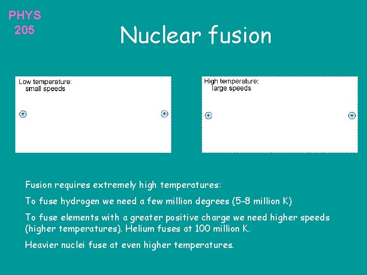 PHYS 205 Nuclear fusion Fusion requires extremely high temperatures: To fuse hydrogen we need