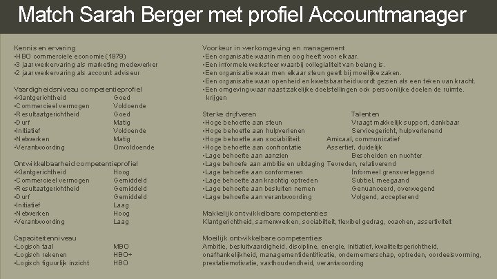 Match Sarah Berger met profiel Accountmanager Kennis en ervaring • HBO commerciele economie (1979) Match Sarah Berger met profiel Accountmanager Kennis en ervaring • HBO commerciele economie (1979)