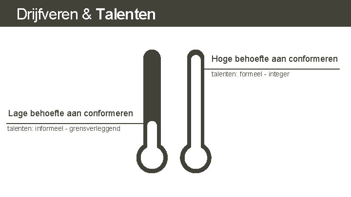 Drijfveren & Talenten Hoge behoefte aan conformeren talenten: formeel - integer Lage behoefte aan Drijfveren & Talenten Hoge behoefte aan conformeren talenten: formeel - integer Lage behoefte aan