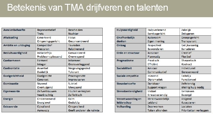 Betekenis van TMA drijfveren en talenten Betekenis van TMA drijfveren en talenten