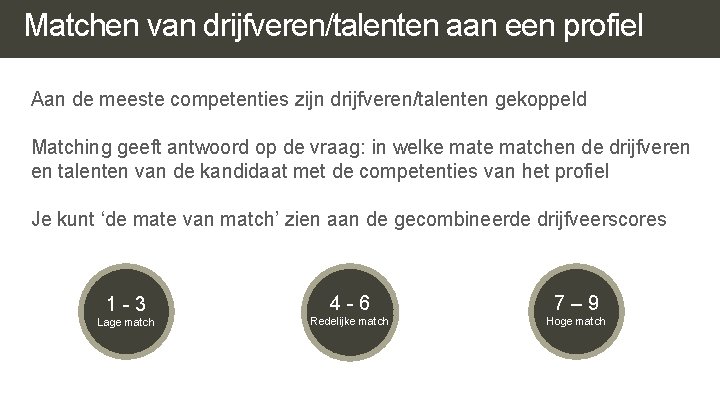 Matchen van drijfveren/talenten aan een profiel Aan de meeste competenties zijn drijfveren/talenten gekoppeld Matching Matchen van drijfveren/talenten aan een profiel Aan de meeste competenties zijn drijfveren/talenten gekoppeld Matching