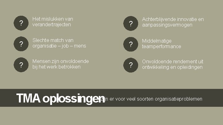 ? Het mislukken van verandertrajecten ? ? ? Achterblijvende innovatie en aanpassingsvermogen Slechte match ? Het mislukken van verandertrajecten ? ? ? Achterblijvende innovatie en aanpassingsvermogen Slechte match