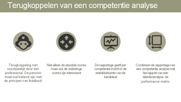 Terugkoppelen van een competentie analyse Terugkoppeling niet noodzakelijk door een professional. De persoon moet Terugkoppelen van een competentie analyse Terugkoppeling niet noodzakelijk door een professional. De persoon moet