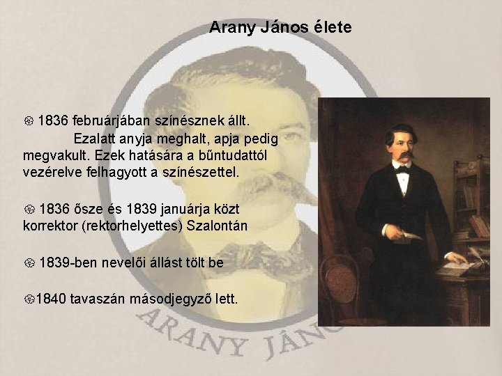 Arany János élete 1836 februárjában színésznek állt. Ezalatt anyja meghalt, apja pedig megvakult. Ezek