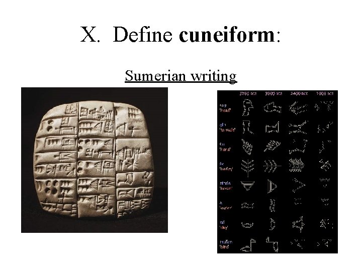 X. Define cuneiform: Sumerian writing 