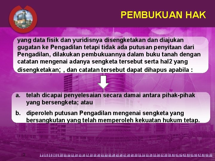 PEMBUKUAN HAK yang data fisik dan yuridisnya disengketakan diajukan gugatan ke Pengadilan tetapi tidak