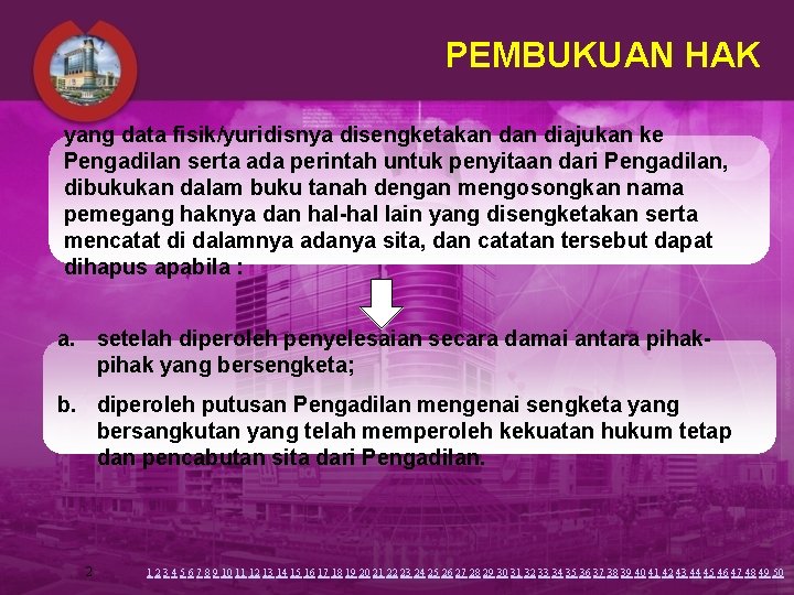 PEMBUKUAN HAK yang data fisik/yuridisnya disengketakan diajukan ke Pengadilan serta ada perintah untuk penyitaan