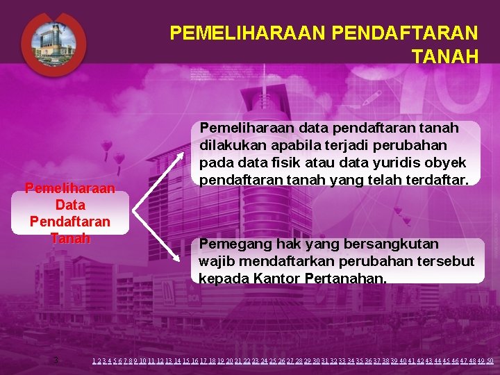 PEMELIHARAAN PENDAFTARAN TANAH Pemeliharaan Data Pendaftaran Tanah 3 Pemeliharaan data pendaftaran tanah dilakukan apabila