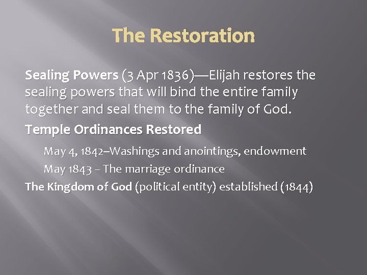 The Restoration Sealing Powers (3 Apr 1836)—Elijah restores the sealing powers that will bind