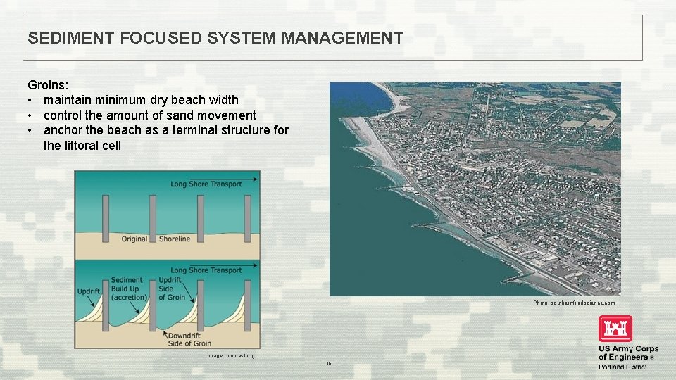 SEDIMENT FOCUSED SYSTEM MANAGEMENT Groins: • maintain minimum dry beach width • control the