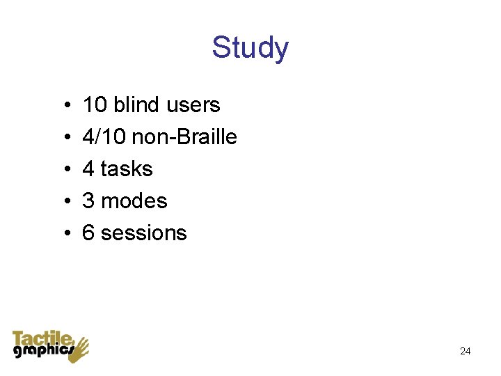 Study • • • 10 blind users 4/10 non-Braille 4 tasks 3 modes 6